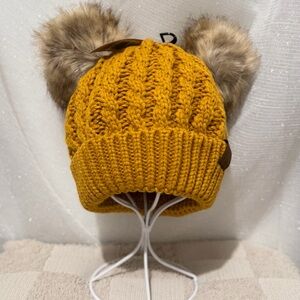 C.C mustard Knit Beanie with Faux Fur Pom Pom